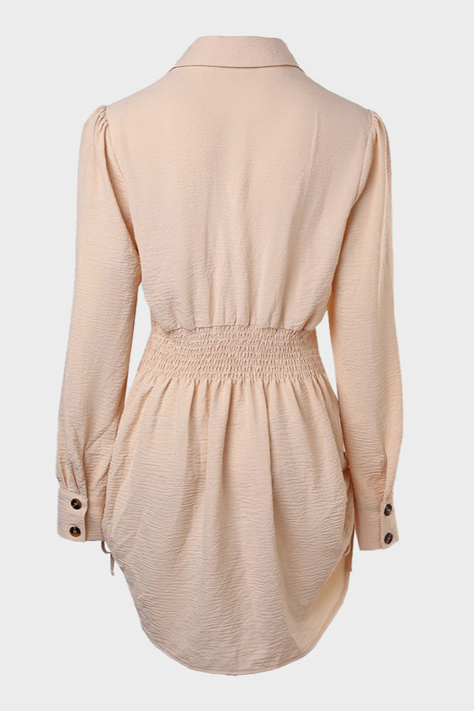 Long Sleeve Button Down Drawstring Shirt Dress