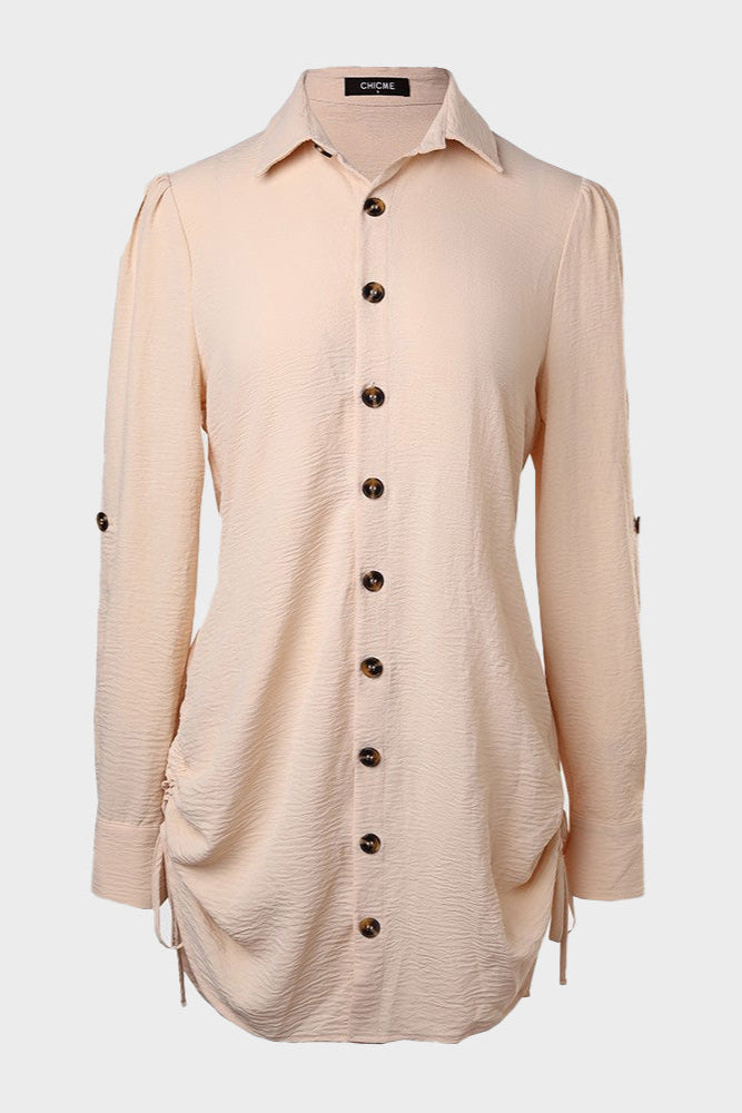 Long Sleeve Button Down Drawstring Shirt Dress