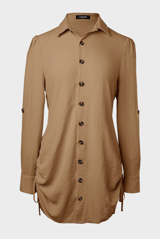 Long Sleeve Button Down Drawstring Shirt Dress
