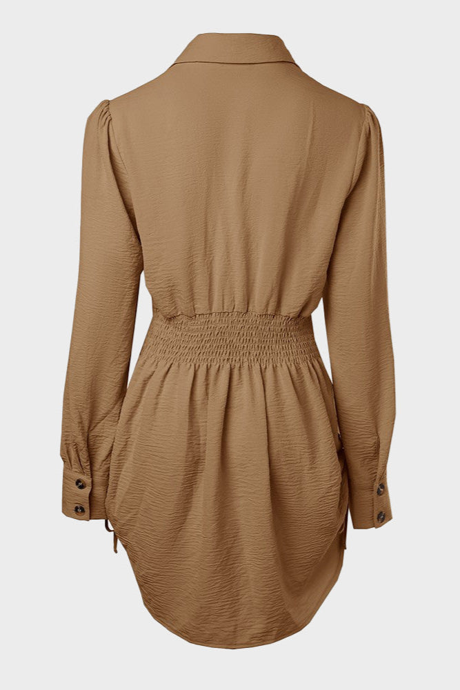 Long Sleeve Button Down Drawstring Shirt Dress
