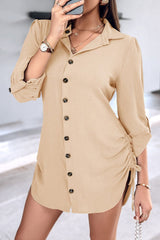 Long Sleeve Button Down Drawstring Shirt Dress