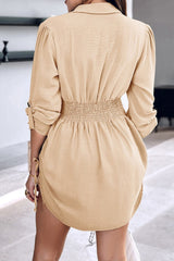 Long Sleeve Button Down Drawstring Shirt Dress
