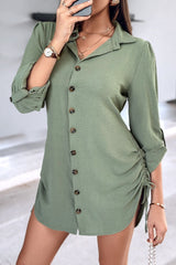 Long Sleeve Button Down Drawstring Shirt Dress
