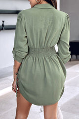 Long Sleeve Button Down Drawstring Shirt Dress