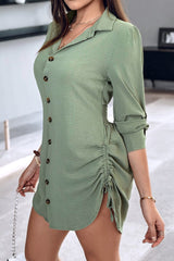 Long Sleeve Button Down Drawstring Shirt Dress