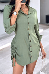 Long Sleeve Button Down Drawstring Shirt Dress