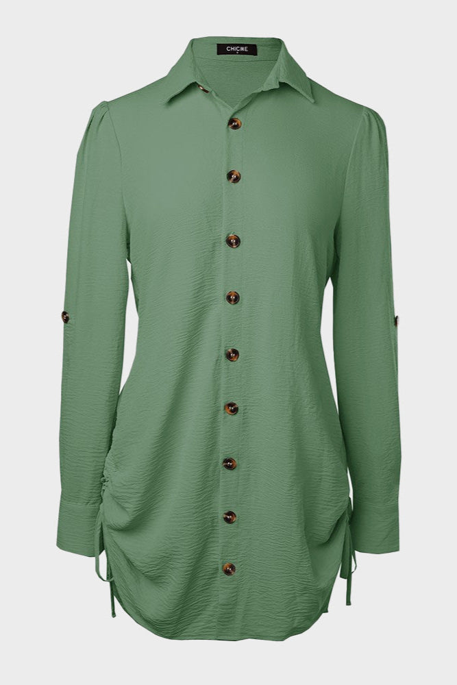 Long Sleeve Button Down Drawstring Shirt Dress