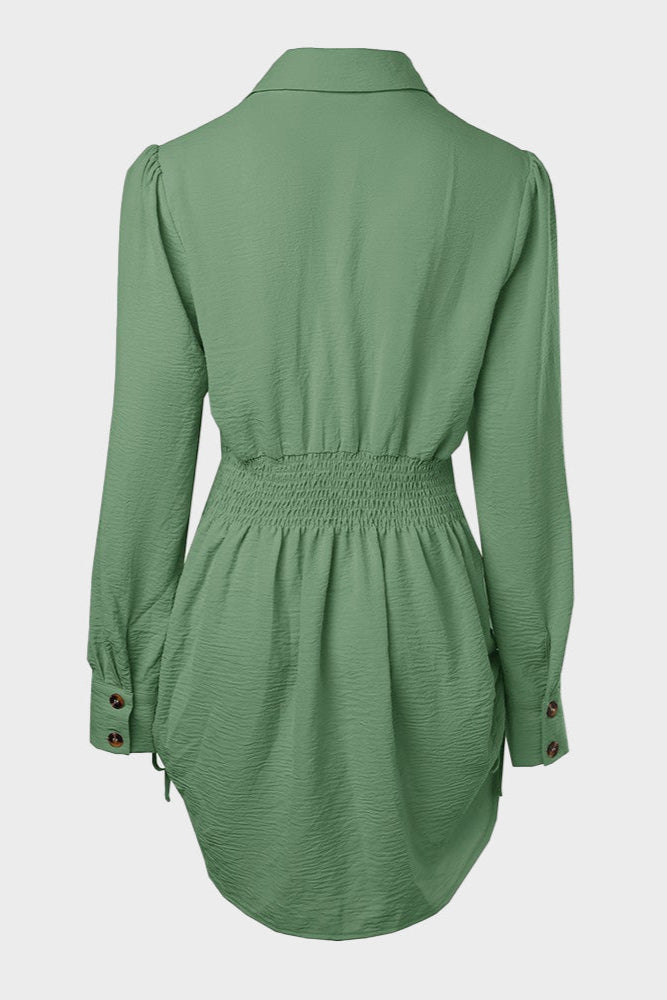Long Sleeve Button Down Drawstring Shirt Dress