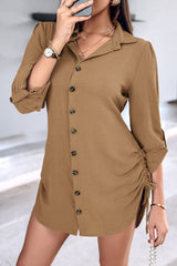 Long Sleeve Button Down Drawstring Shirt Dress