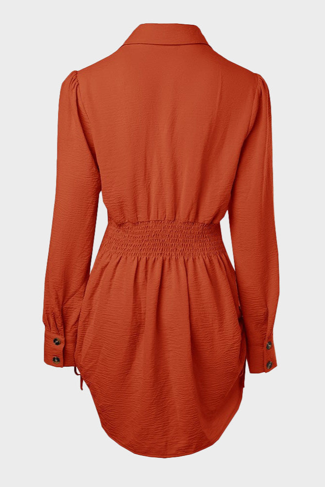 Long Sleeve Button Down Drawstring Shirt Dress