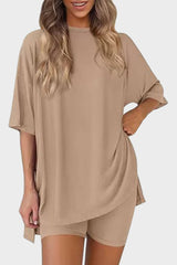 Casual Oversized 2-Piece Lounge Set with Crewneck & Split Hem