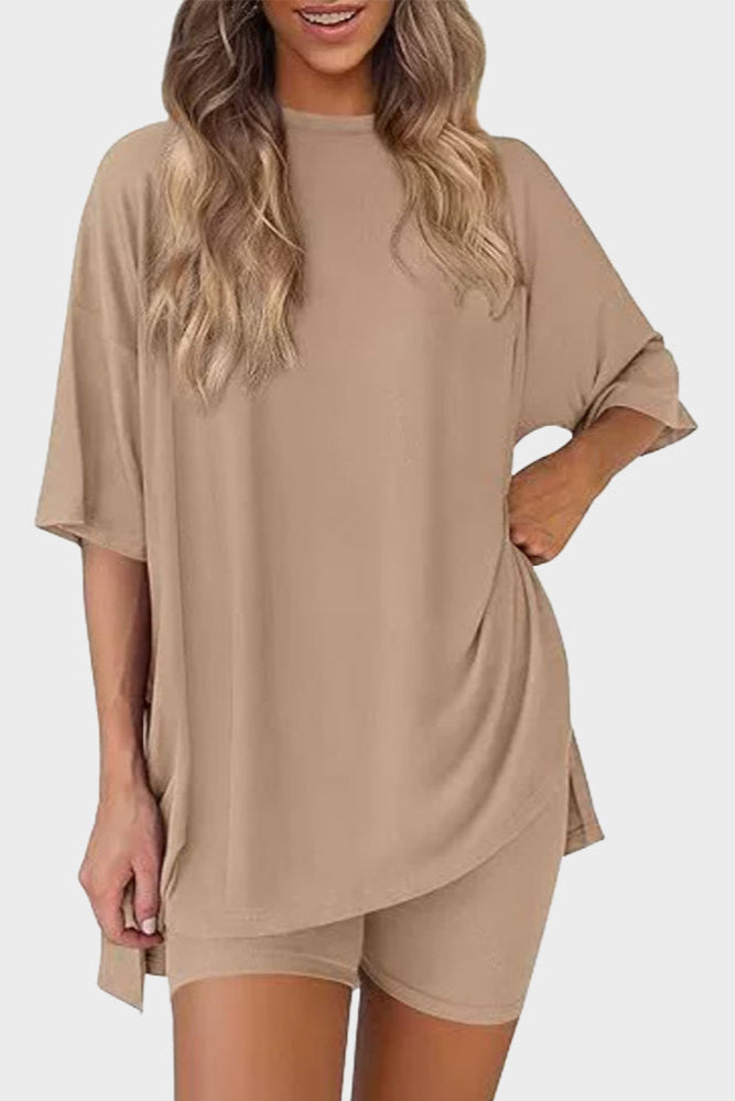 Casual Oversized 2-Piece Lounge Set with Crewneck & Split Hem