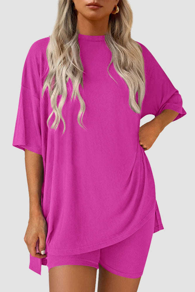 Casual Oversized 2-Piece Lounge Set with Crewneck & Split Hem