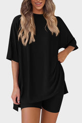 Casual Oversized 2-Piece Lounge Set with Crewneck & Split Hem