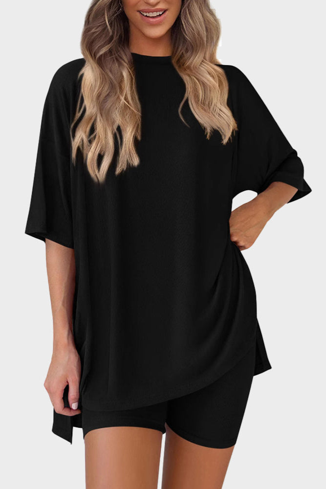 Casual Oversized 2-Piece Lounge Set with Crewneck & Split Hem