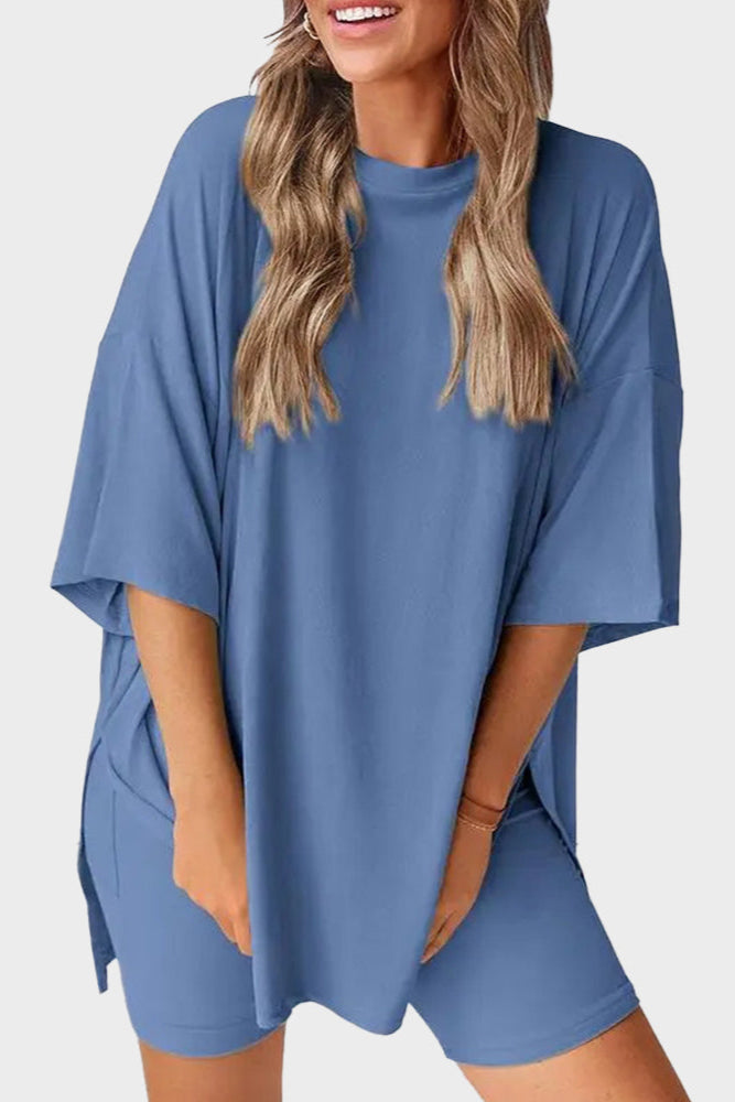 Casual Oversized 2-Piece Lounge Set with Crewneck & Split Hem