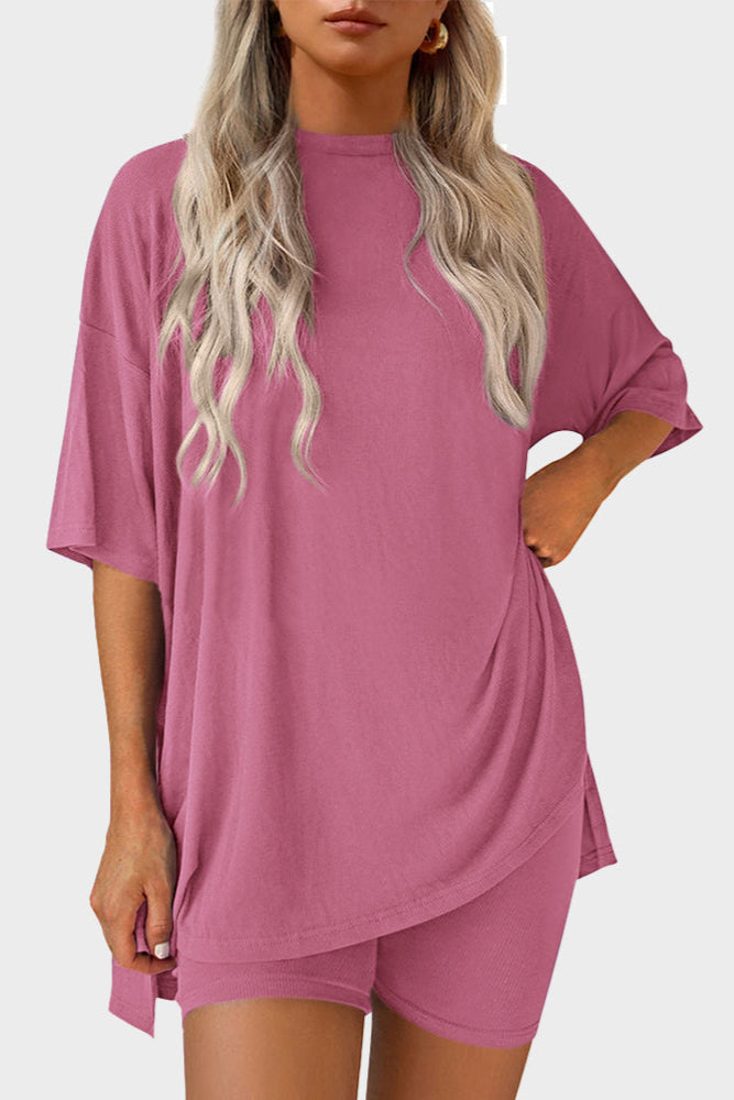 Casual Oversized 2-Piece Lounge Set with Crewneck & Split Hem