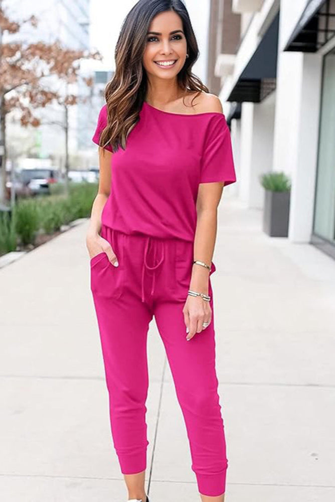Off-Shoulder Short Sleeve Beam Foot Jumpsuit