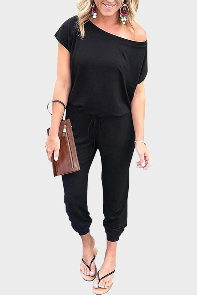 Off-Shoulder Short Sleeve Beam Foot Jumpsuit
