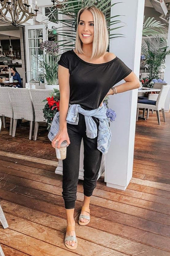 Off-Shoulder Short Sleeve Beam Foot Jumpsuit