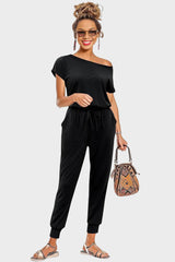 Off-Shoulder Short Sleeve Beam Foot Jumpsuit
