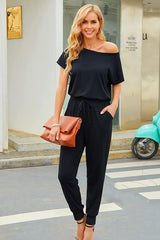 Off-Shoulder Short Sleeve Beam Foot Jumpsuit