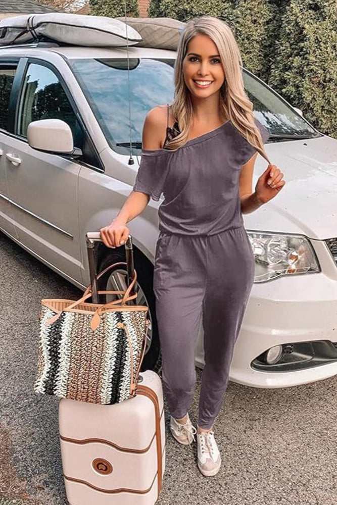 Off-Shoulder Short Sleeve Beam Foot Jumpsuit