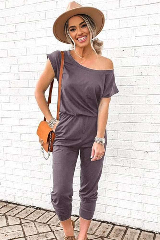 Off-Shoulder Short Sleeve Beam Foot Jumpsuit