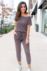 Off-Shoulder Short Sleeve Beam Foot Jumpsuit
