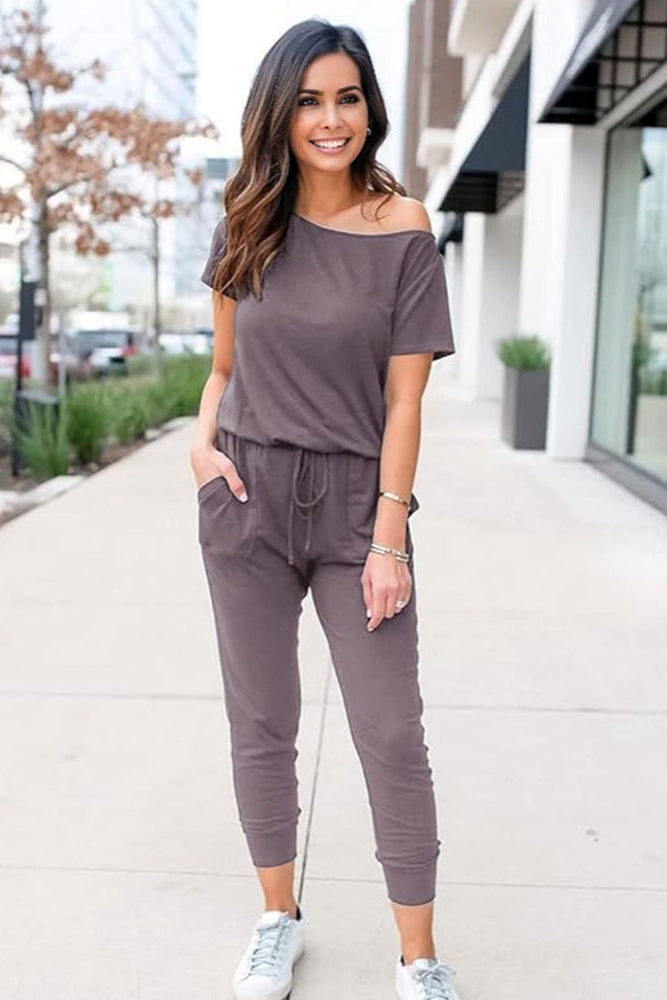 Off-Shoulder Short Sleeve Beam Foot Jumpsuit